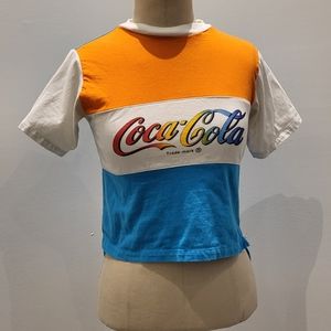 Coca-Cola Blue & Orange Colorblock Asymmetrical T-Shirt w Rainbow Coca-Cola Logo